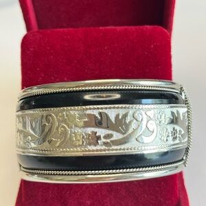 66 Vintage Silver Hinged Bangle Bracelet Black Enamel Floral etched Accents